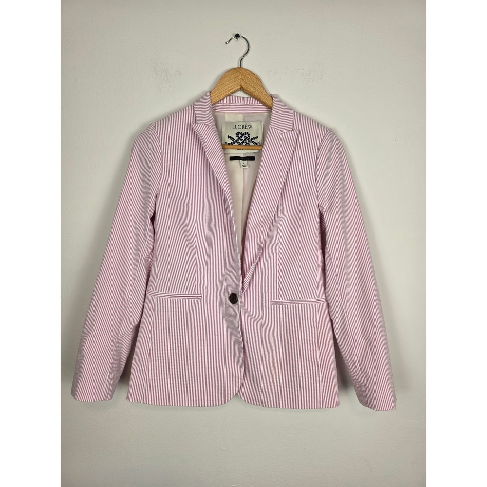 J‎ Crew Parke Blazer Seersucker Striped Pink White Cotton Blend Womens Size 4